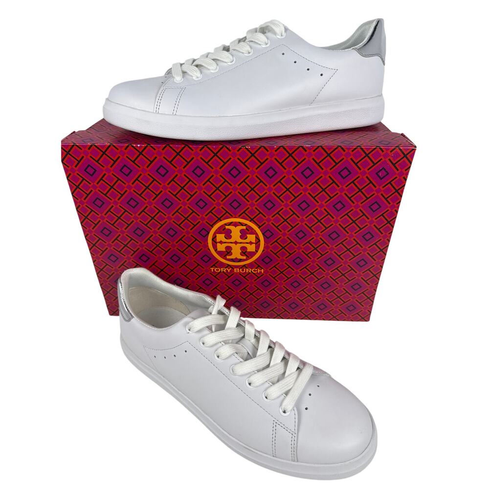 Tory Burch Howell Court Sneaker Women's Size 9 Low Top Leather White/Silver Logo